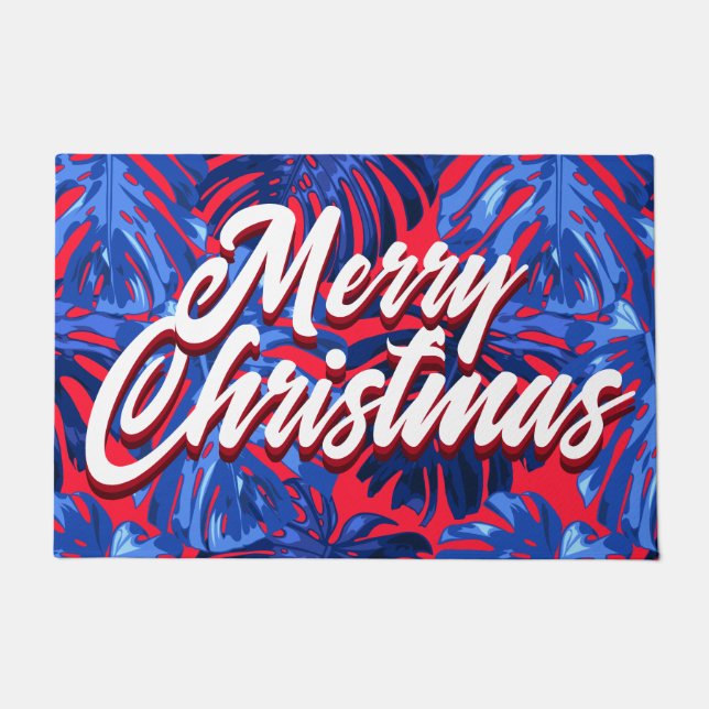 Tapete Azul Festivo Vermelho Tropical Folha Natal (Frente)