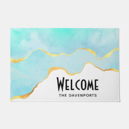 Tapete Azul Tropical Tranquila Verde com Borda Dourada