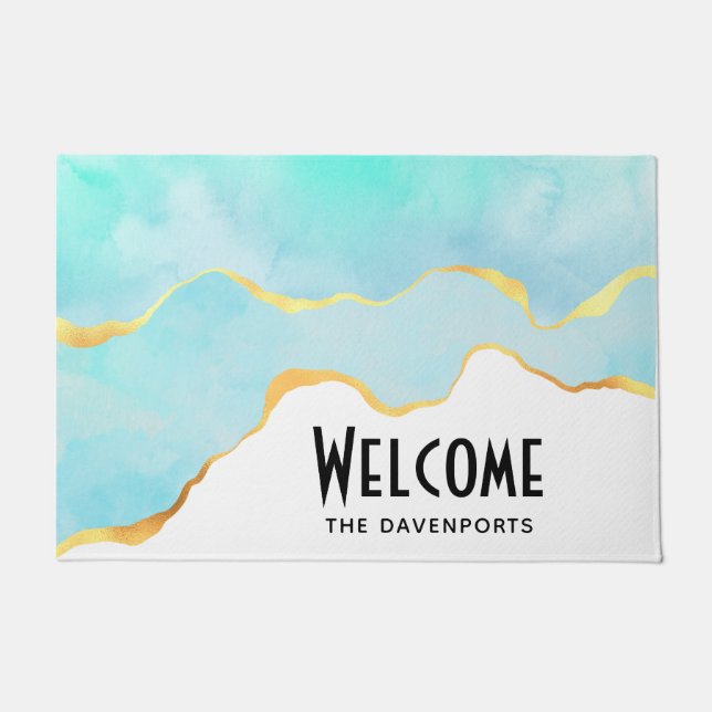 Tapete Azul Tropical Tranquila Verde com Borda Dourada (Frente)