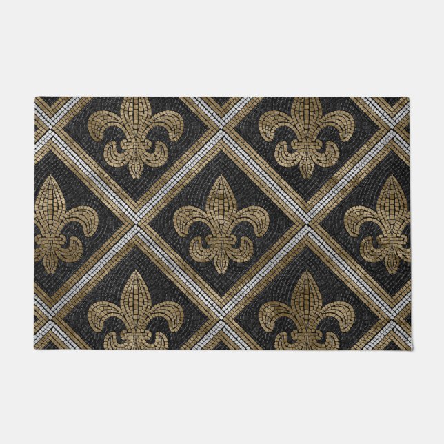 Tapete azulejo de fleur-de-lis, preto e dourado (Frente)