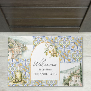 Tapete Azulejo Mediterrâneo Amarelo Azul Padrão de Oliva
