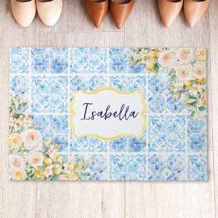 Tapete Azulejos Azuis Mediterrâneos Flor Laranja Monogram