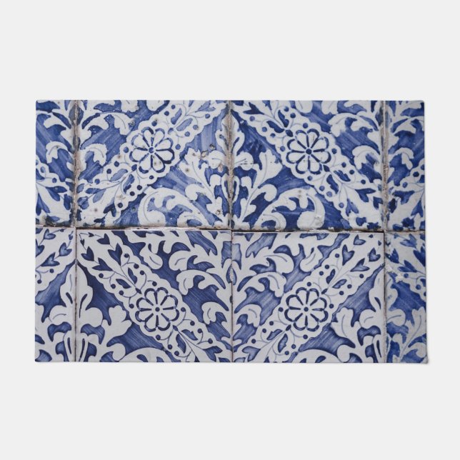 Tapete Azulejos Portugueses - Azulejo Azul e Branco Flora (Frente)