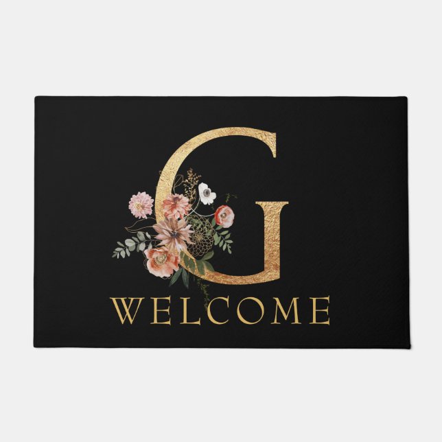 Tapete Belo monograma Dourado G com Flores Rosa (Frente)