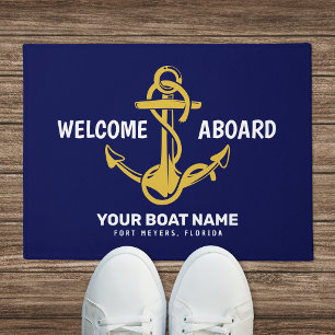 Tapete Bem-vindo a Bordo Náutico Azul Marinho Dourado Nom