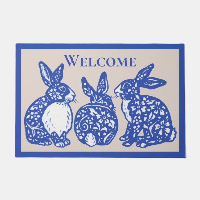 Tapete Bem-vindo Chinoiserie Rabbit Azul Bunny Delft (Frente)
