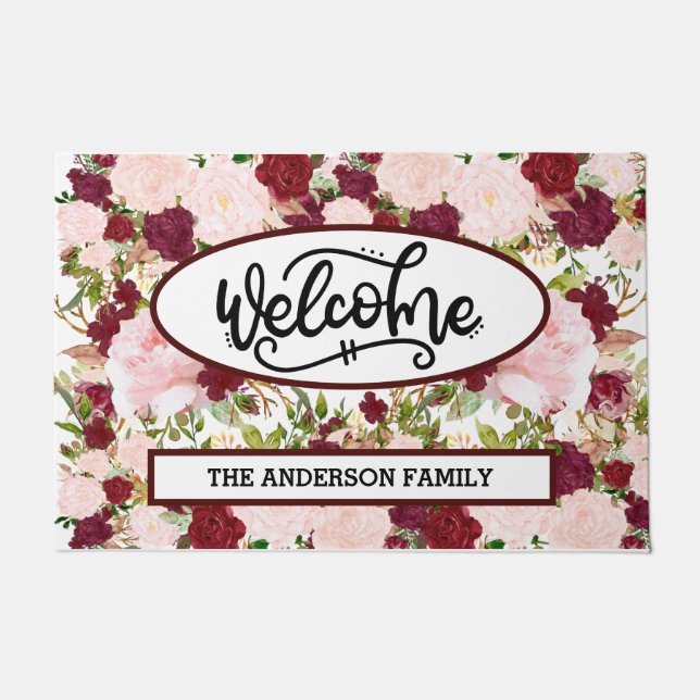 Tapete Bem-vindo Floral Borgonha Personalizado (Frente)