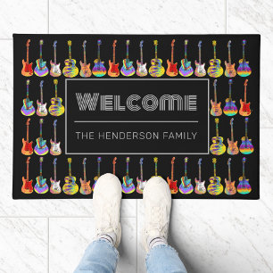 Tapete Bem-vindo Guitarras Coloridas Família Nome Preto