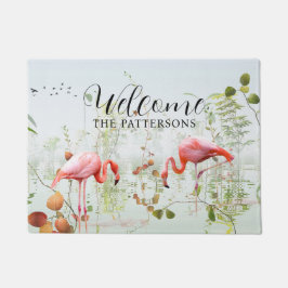Tapete Bem-vindo Nome da Família Flamingo Tropical Modern