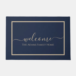 Tapete Bem-vindo Nome da Família Navy Taupe Elegant Scrip