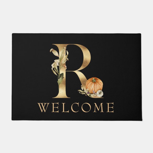 Tapete BEM-VINDO Queda Monograma R com Pumpkins Doormat (Frente)