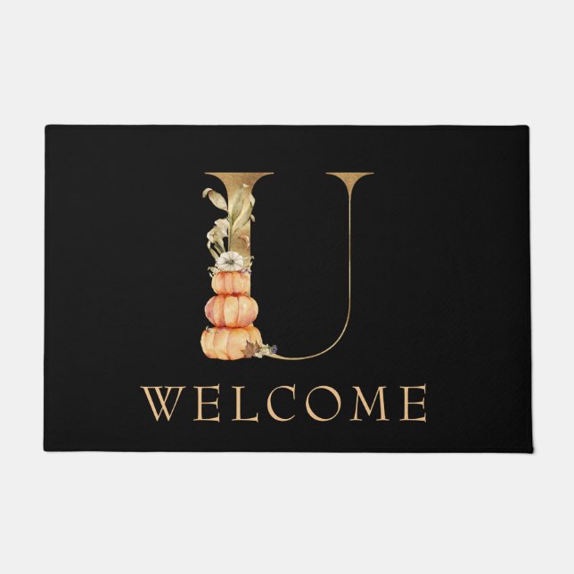 Tapete BEM-VINDO Queda Monograma U com Pumpkins Doormat (Frente)