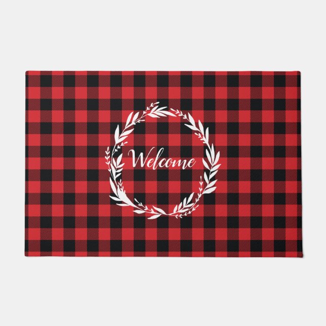 Tapete Bem-vindo Wreath Buffalo Check Patterno (Frente)