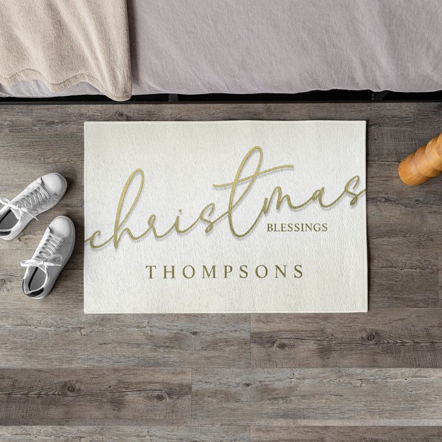 Tapete Bênçãos Modernas de Dourada Caligrafia de Natal (Gold calligraphy script custom doormat)