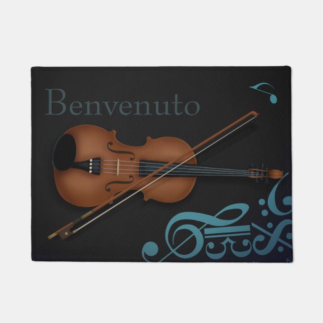 Tapete "Benvenuto" Violino e Arco, preto e turquesa elega (Frente)