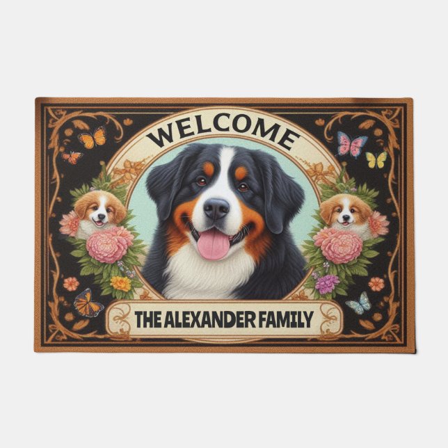 Tapete Bernese Mountain Dog Floral Family Nome Bem-vindo (Frente)