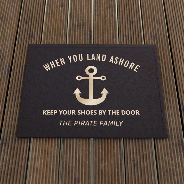 Tapete Black and Gold Anchor Nautical Welcome Doormat (Criador carregado)