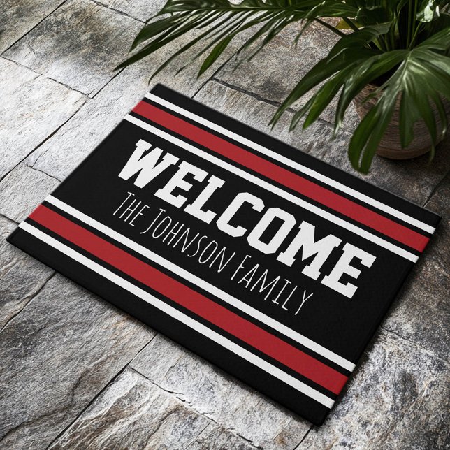 Tapete Black and Red Sports Jersey with Name - Bem-vindo (Custom Welcome Doormat)