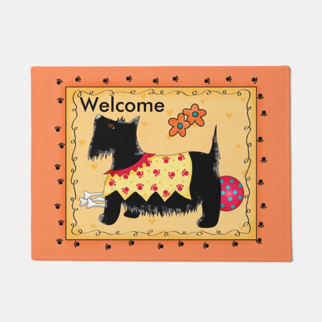 Tapete Black Scottie Dog Red Orange Welcome Custom (Frente)