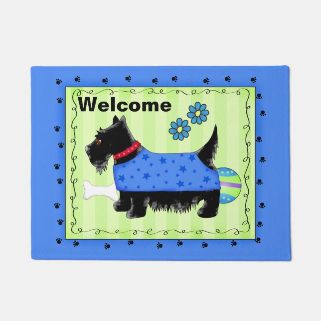 Tapete Black Scottie Dog Welcome Blue Green Custom (Frente)