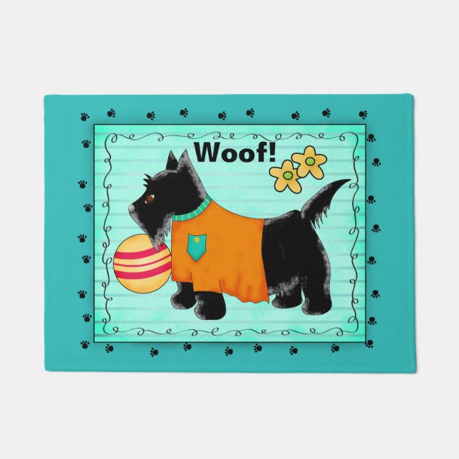 Tapete Black Scottie Dog Welcome Woof Turquoise Teal (Frente)