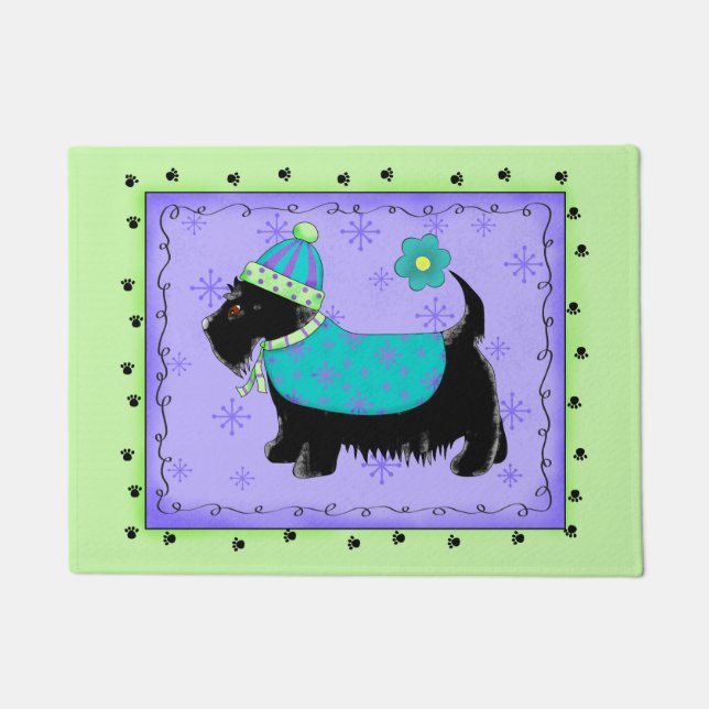 Tapete Black Scottie Dog Welcoming Verde limão Lavanda (Frente)
