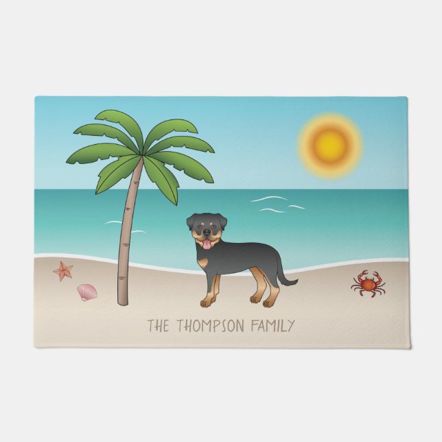 Tapete Black & Tan Rottweiler Em Uma Praia Tropical De Ve (Frente)