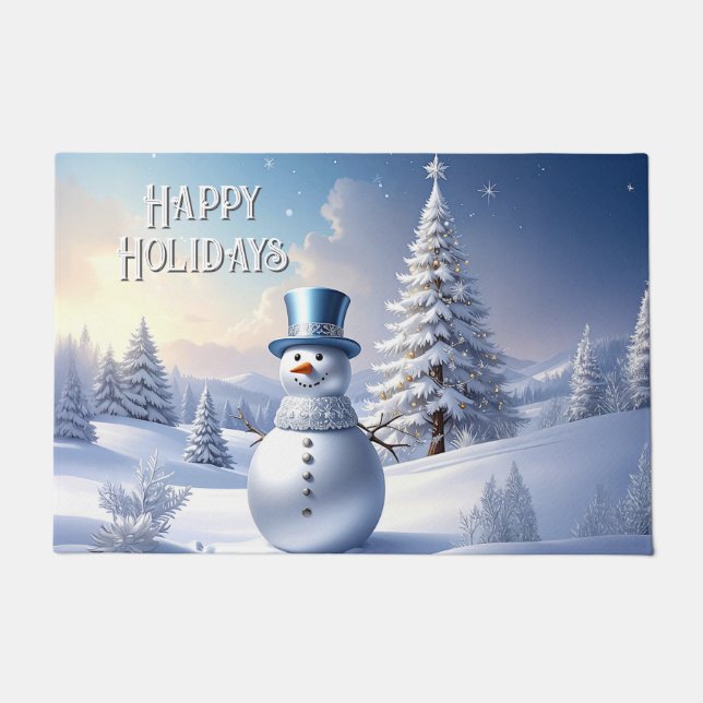 Tapete Blue Hat Snowman Christmas Tree Holiday Doormat (Frente)