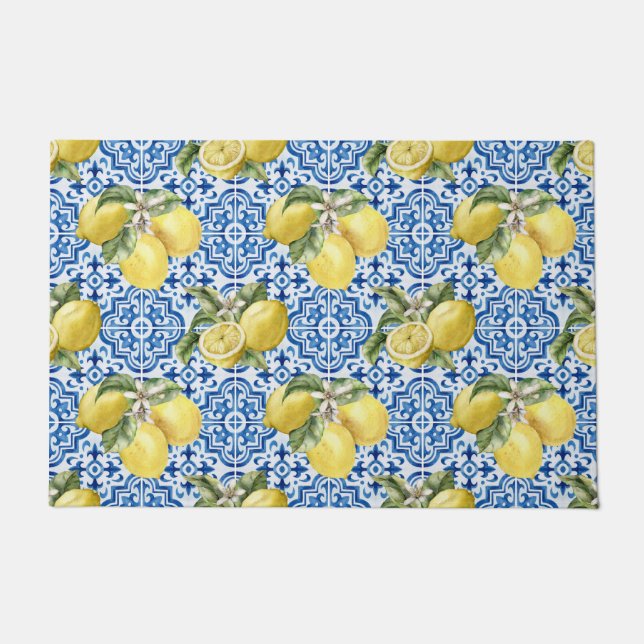 Tapete Blue White Lemon Tile Mediterranean Pattern (Frente)