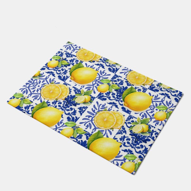 Tapete Blue White Lemon Tile Pattern Mediterranean Citrus (Inclinado)
