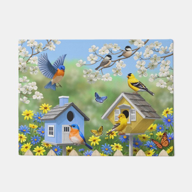 Tapete Bluebird Goldfinches Birdhouses Fllower Garden (Frente)