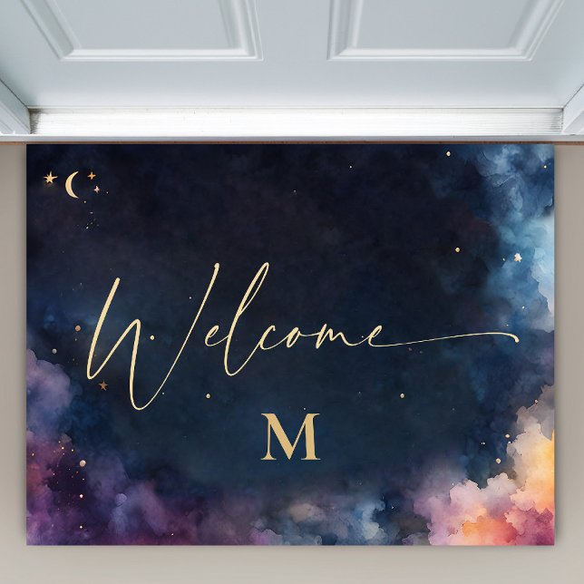 Tapete Boas-vindas ao céu azul Dourado do Monograma Celes (elestial galaxy personalized midnight blue space welcome doormat custom monogram gift)