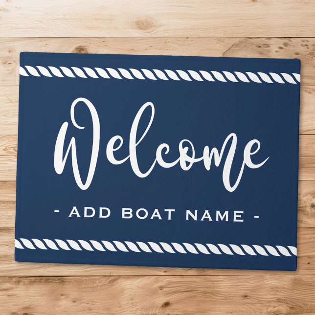 Tapete Boas-vindas com nome de barco personalizado borda  (Welcome custom boat name rope border dark blue doormat)