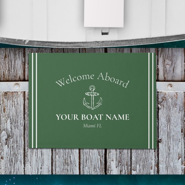 Tapete Boat Name Hunter Green ⚓ Náutica (Nautical Welcome Aboard Door Mat in Hunter Green Personalized with Your Boat Name and Home Port)