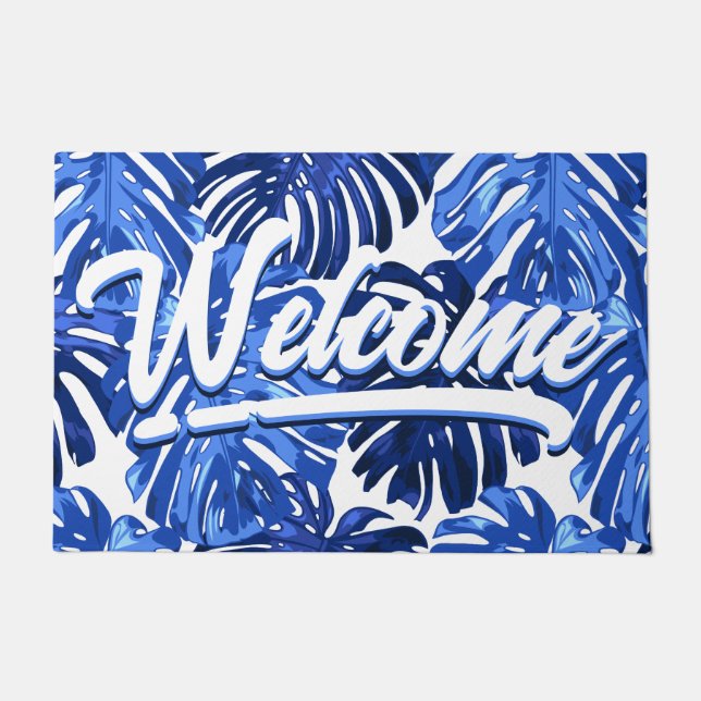 Tapete Boho Blue White Tropical Leaves Script Bem-vindo (Frente)