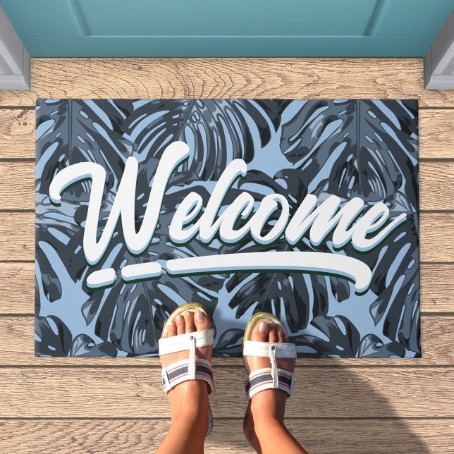Tapete Boho Tropical Folhas da Junta Azul (Welcome doormat with blue palm leaves)