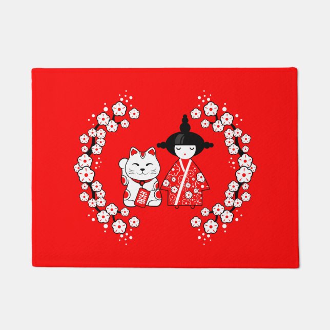 Tapete Boneca Japonesa - Kokeshi e Maneki Neko Cat (Frente)