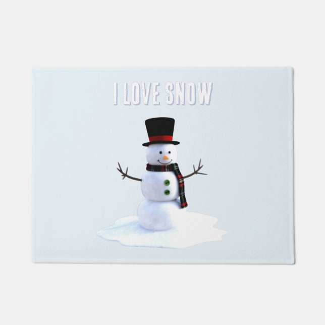 Tapete Boneco de neve com chapéu e cachecol. Eu Amo Neve (Frente)