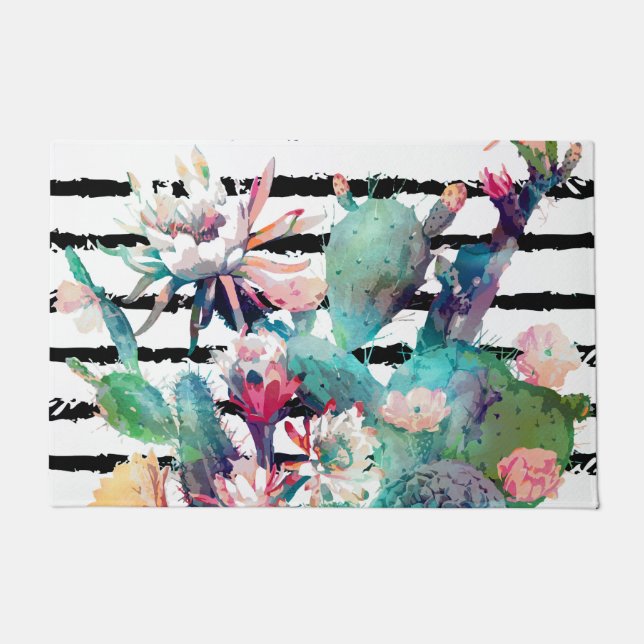 Tapete Bonito Watercolor Cactus Floral Black Stripes (Frente)