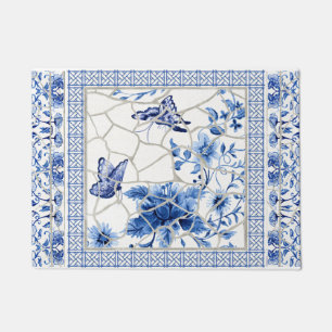 Tapete Borboleta Chinoiserie Flores de Bico Azul e Branco