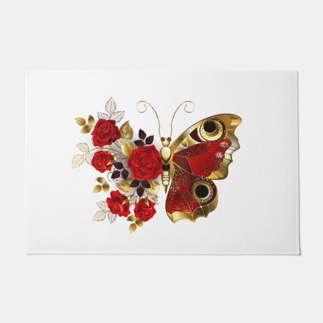 Tapete Borboleta de flor vermelha com rosas vermelhas (Frente)