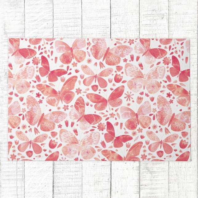 Tapete Borboletas Cores Aquáticas Cor de Rosa (Coral blush pink peach and white watercolor butterfly pattern art doormat)