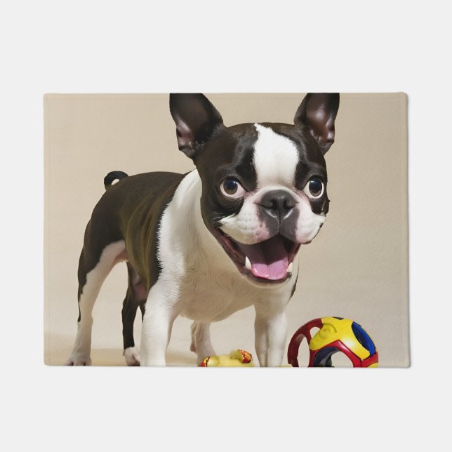 Tapete Boston Terrier Dog Brincando com Brinquedos (Frente)