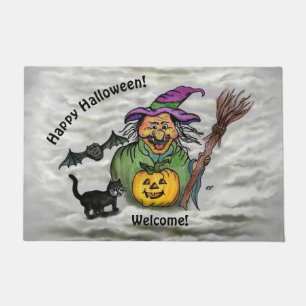 Tapete Bruxa, Gato, Bat e Abóbora, Feliz Halloween!
