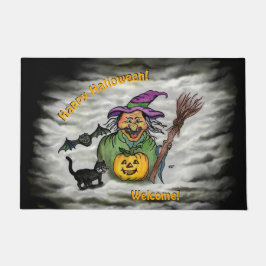 Tapete Bruxa, Gato, Bat e Pumpkin, Feliz Halloween!