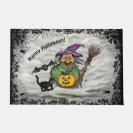 Tapete Bruxa, Gato, Bat e Pumpkin, Feliz Halloween!