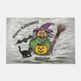 Tapete Bruxa, Gato, Bat e Pumpkin, Feliz Halloween!