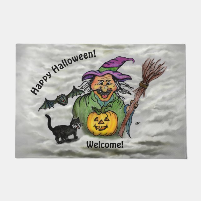 Tapete Bruxa, Gato, Bat e Pumpkin, Feliz Halloween! (Frente)