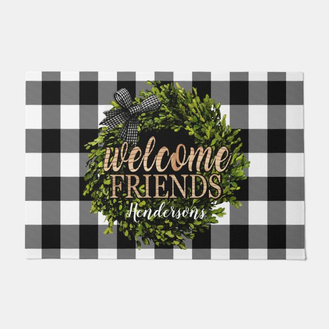 Tapete Buffalo Check Black and White Boxwood Wreath (Frente)
