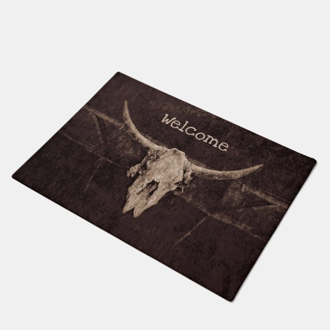 Tapete Bull Skull Western Country Brown Rustic Bem-vindo (Inclinado)